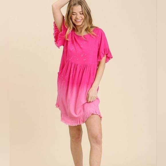 Umgee Hot Pink Ombre Frayed Flowy Linen Blend Mini Dress Size L Barbie Beach - Picture 5 of 15